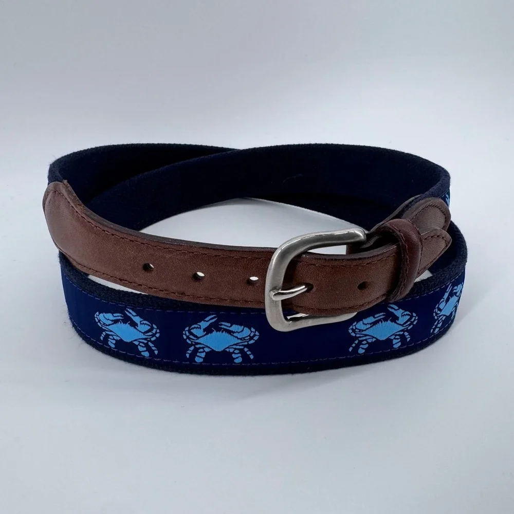 The Belted Cow Blue Crab Canvas Belt Men‎ 46 Navy Leather Trim Nautical Preppy